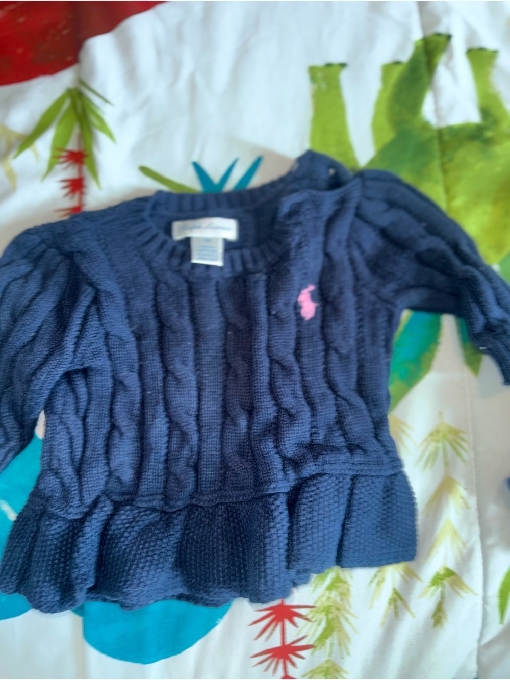 Ralph Lauren Navy Cable Knit Peplum Sweater with Pink Pony